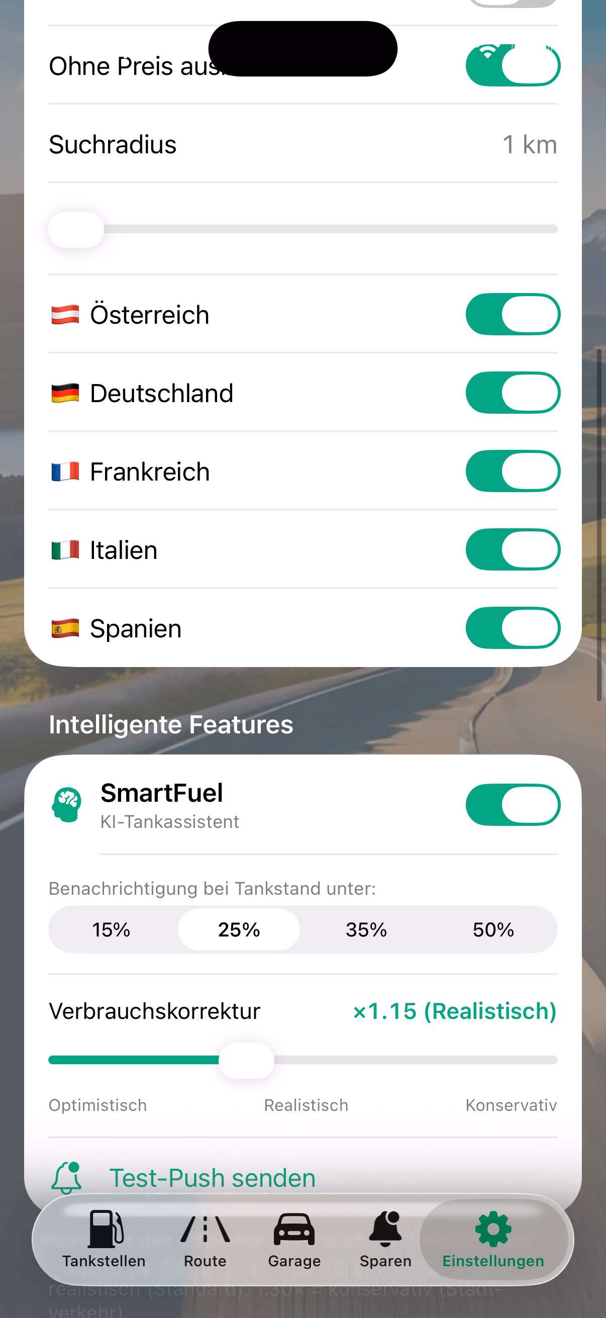 Einstellungen — Sprache, Kraftstoff, Privacy